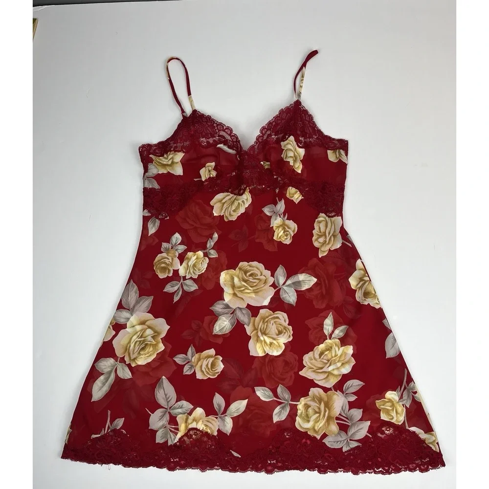 Vintage 90s‎ Victoria's Secret Red Floral Print Chemise Nightgown Sz S